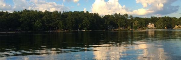Lake and forested lakeshore with two houses
